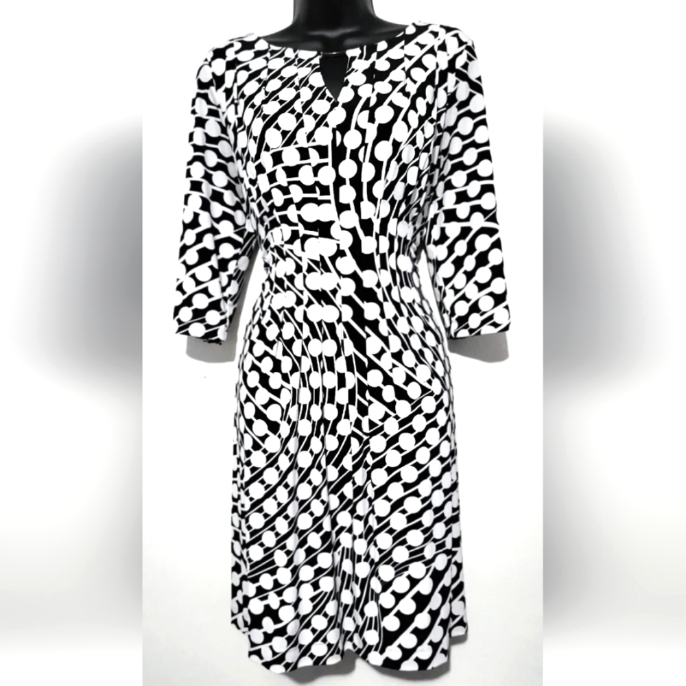 Tahari Arthur S Levine Black White ¾ Sleeves polkadots lines midi Dress Size 8